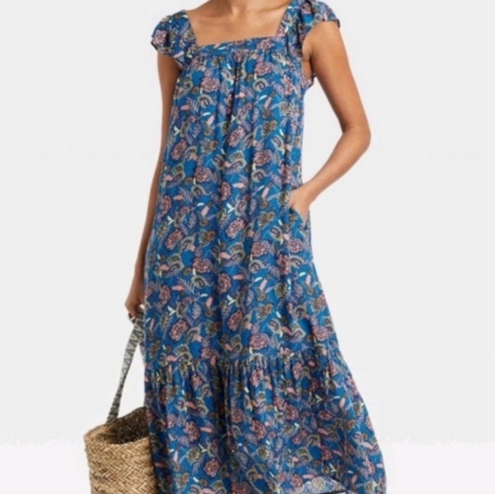 Knox Rose Tiered Midi Dress Size S Flutter Sleeve Blue Floral Boho Cottagecore